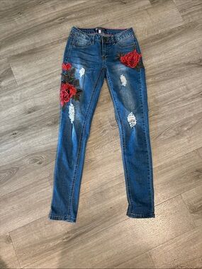 Boom Boom Jeans Women's Blue Skinny Jeans with Red Rose Embroidery